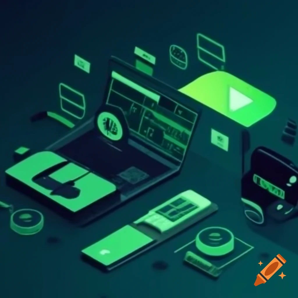 Items representing online marketing with a green LED light theme