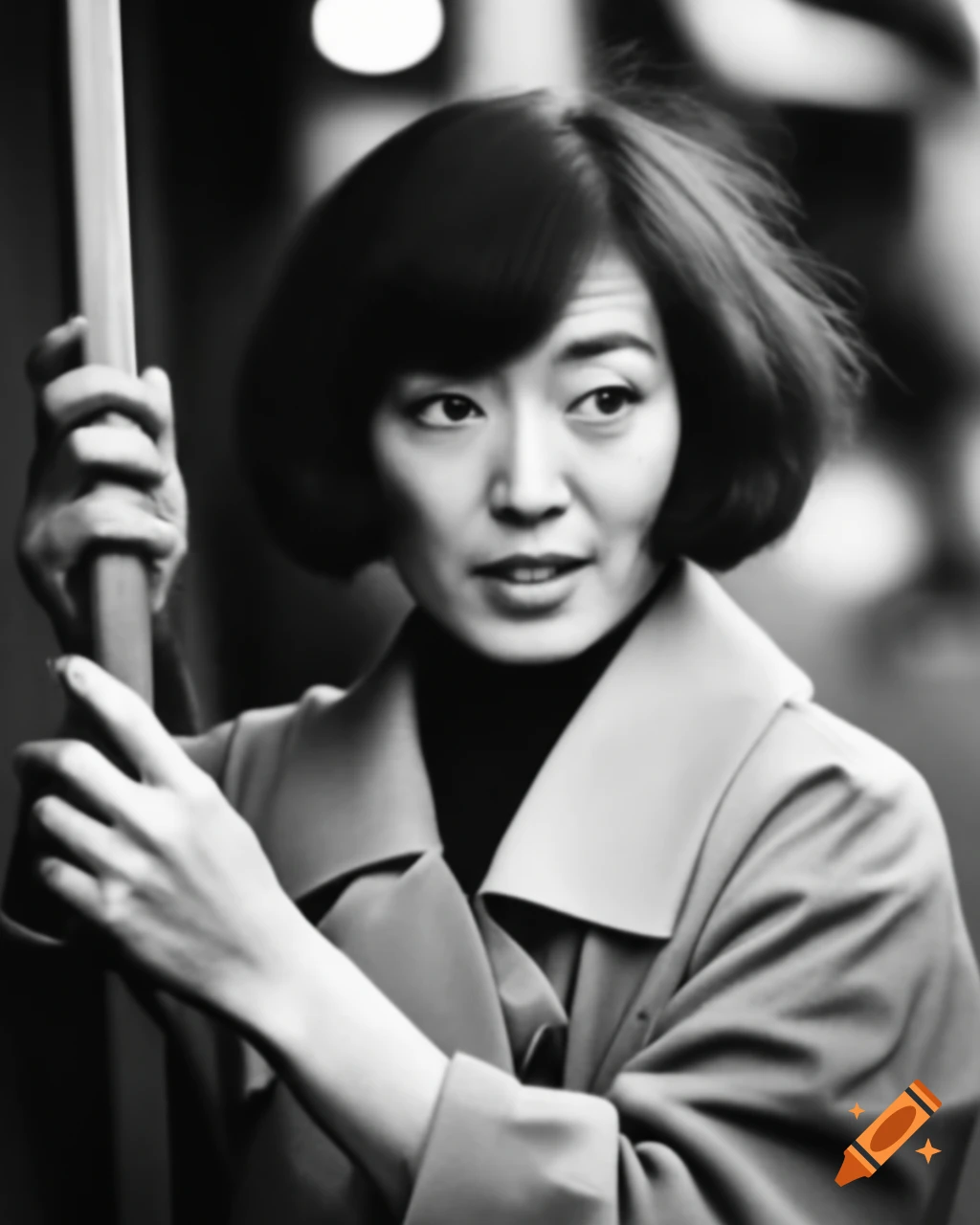 Vintage photo of smiling Japanese actress in 1960 street style with peace sign