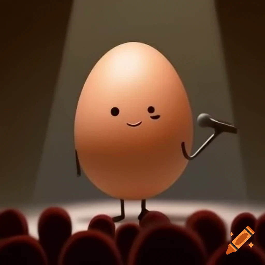 Egg character with microphone in front of audience