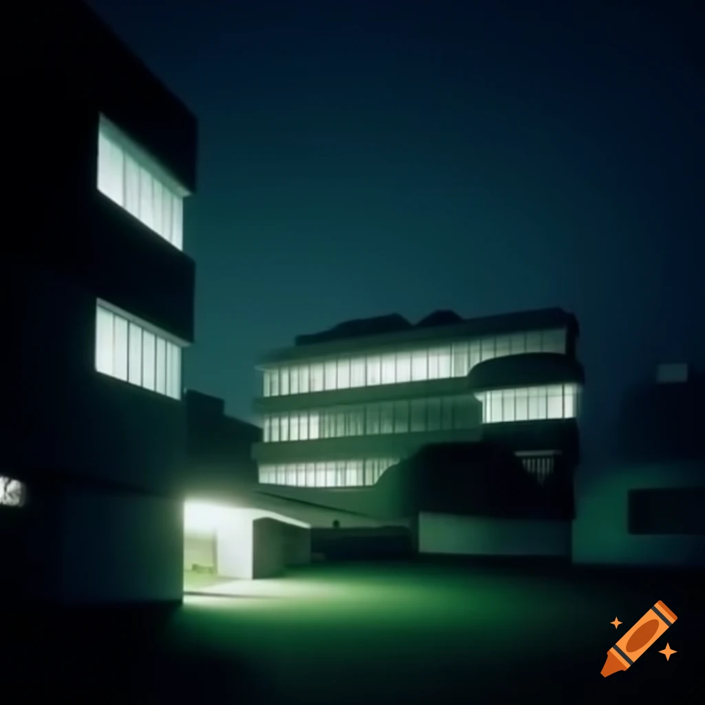 Surreal modernist school yard at night with illuminated windows