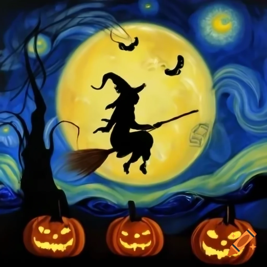 Halloween witch silhouette flying past moon with pumpkins, Van Gogh style