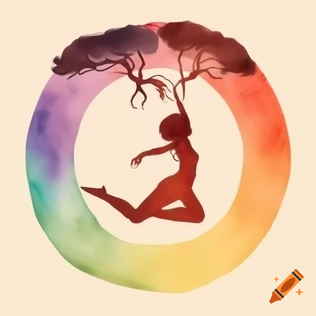 Watercolor painting of circular rainbow in earthy shades of red