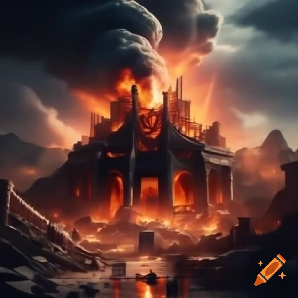 Ruined temple burning near erupting volcano with fleeing people and orange lightning strike