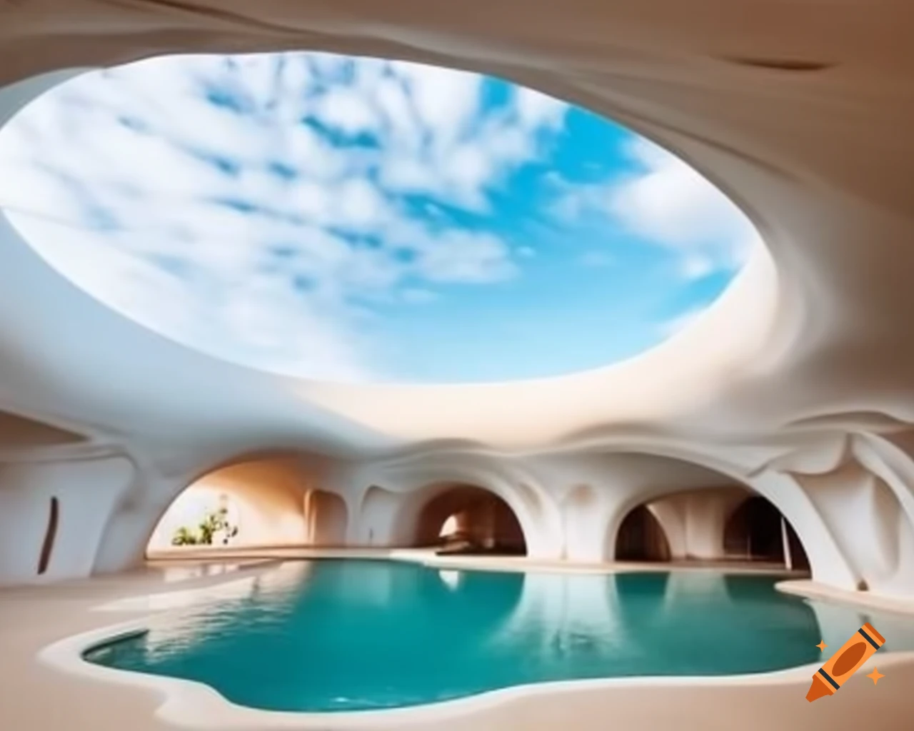 Interior of a mushroom house featuring a pool with crystal clear blue water