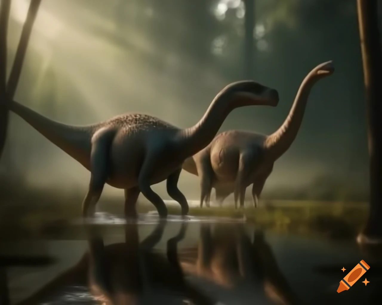 Grey and cinnamon crested Parasaurolophus dinosaurs walking by a forest pond on a sunny morning