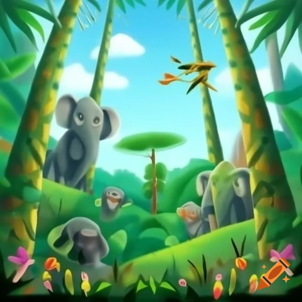 Vibrant jungle with tall trees and colorful plants, featuring a lion and an elephant