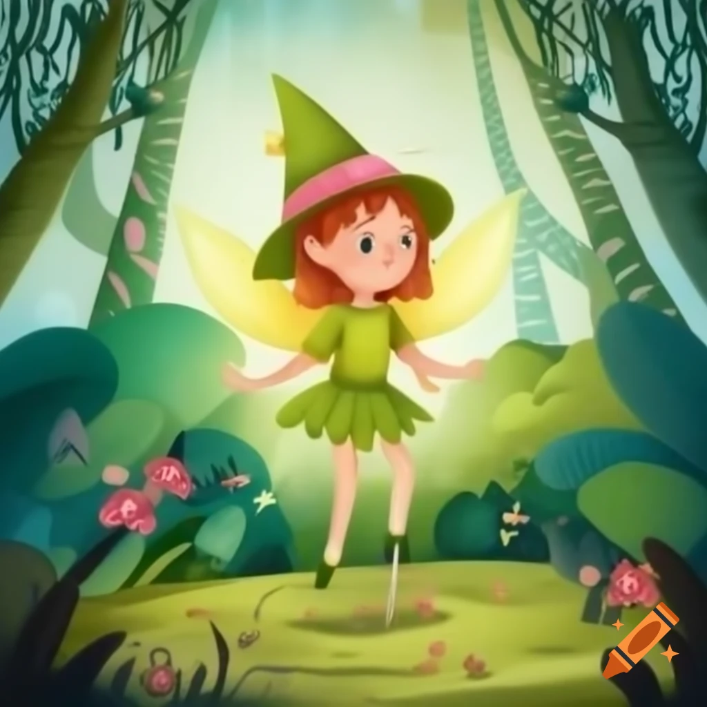 Forest fairy skipping in whimsical storybook style