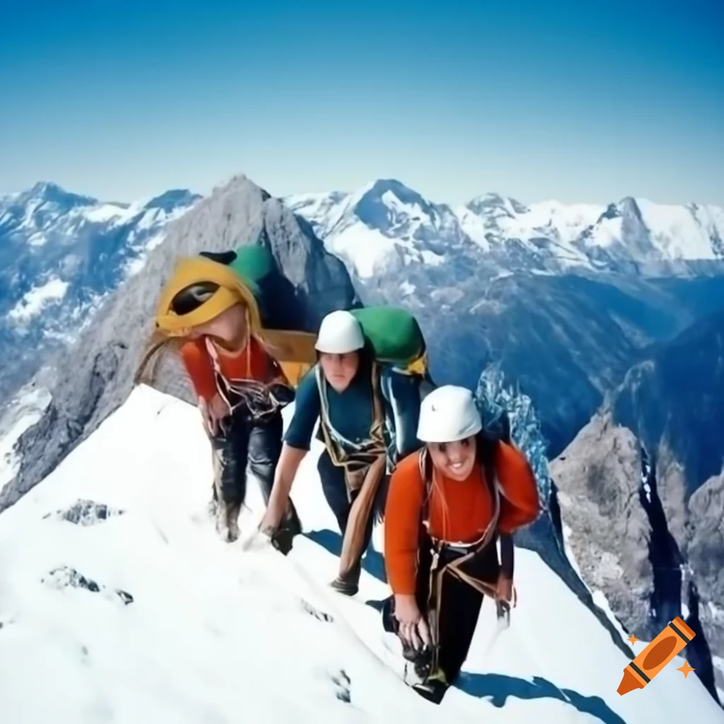 Climbers ascending steep mountain with snow-capped peaks