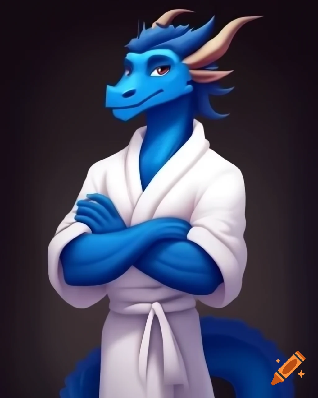 Anthropomorphic blue dragon in white robe, confidently smiling with arms crossed
