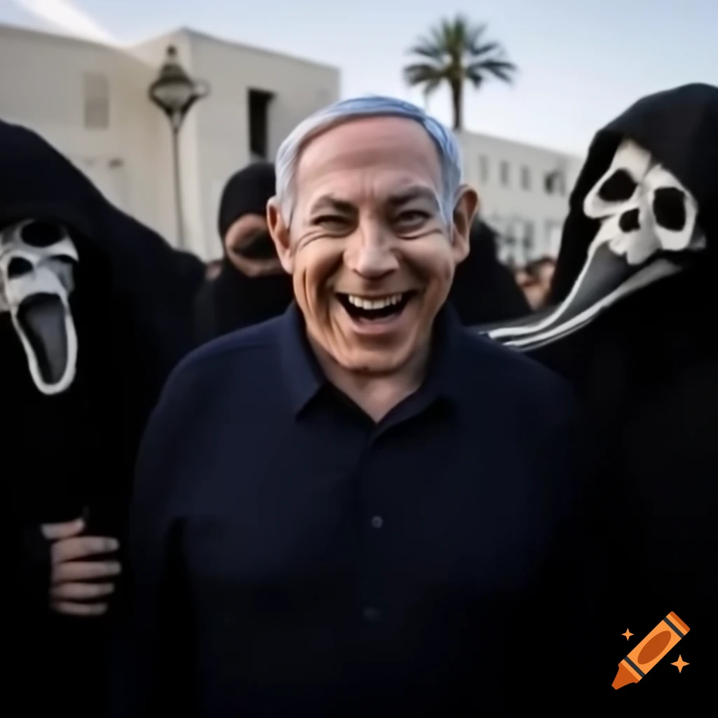 Benjamin Netanyahu laughing alongside grim reaper