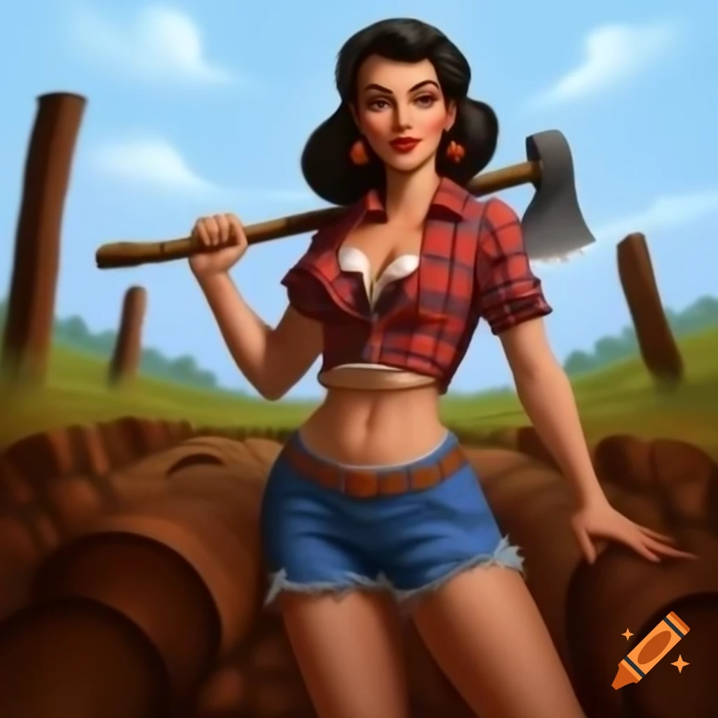 Pinup art style woman in plaid crop top and jeans holding an axe in tree stump field