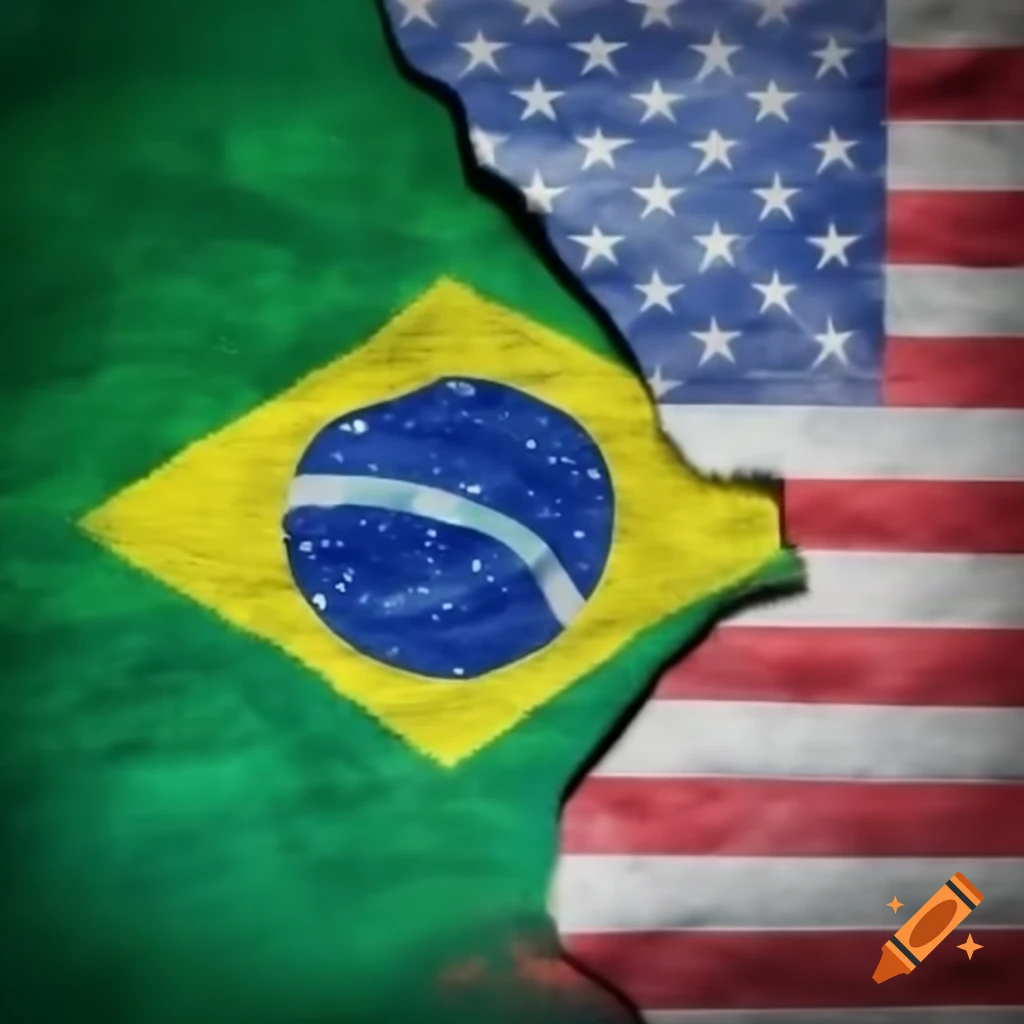 Brazilian flag emerging from behind United States flag, vibrant colors