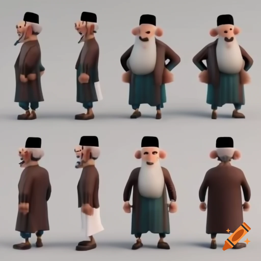 Character sheet of Arabic Muslim old man in various poses and emotions