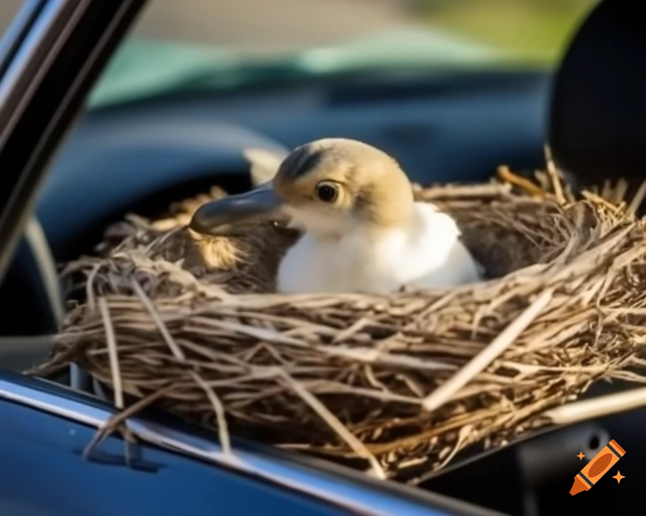Close-up of bird building nest on car, cute scene