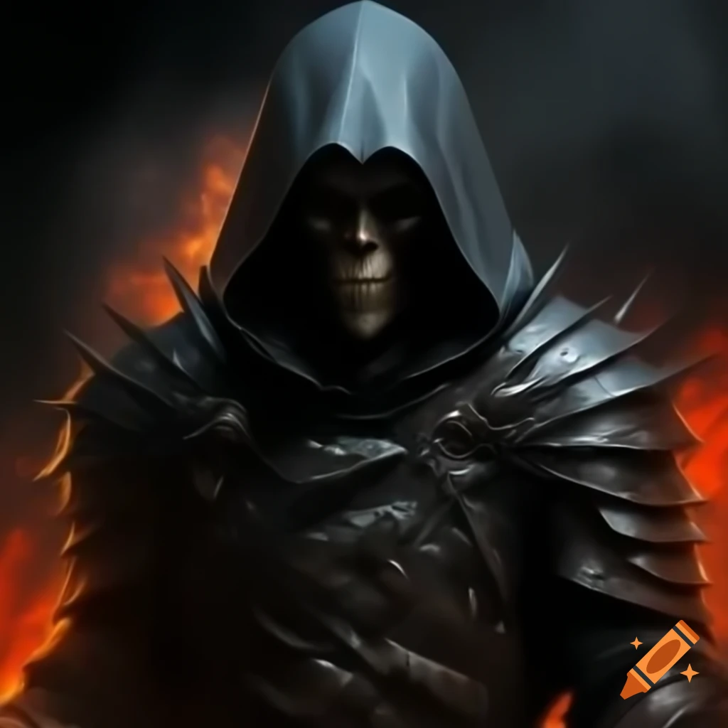 Dark warrior in black hood against inferno hellscape