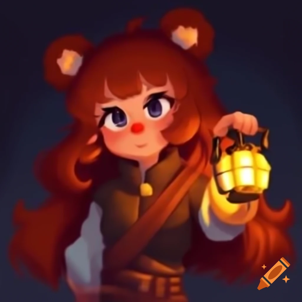 Pixel art portrait of confident girl with bear ears holding lantern in autumn colors