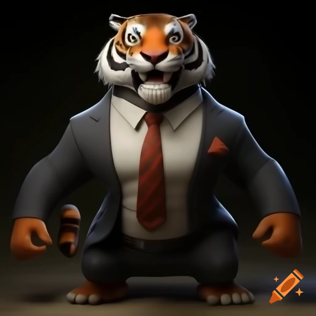 Animated tiger in a suit with a cunning smile in side pose