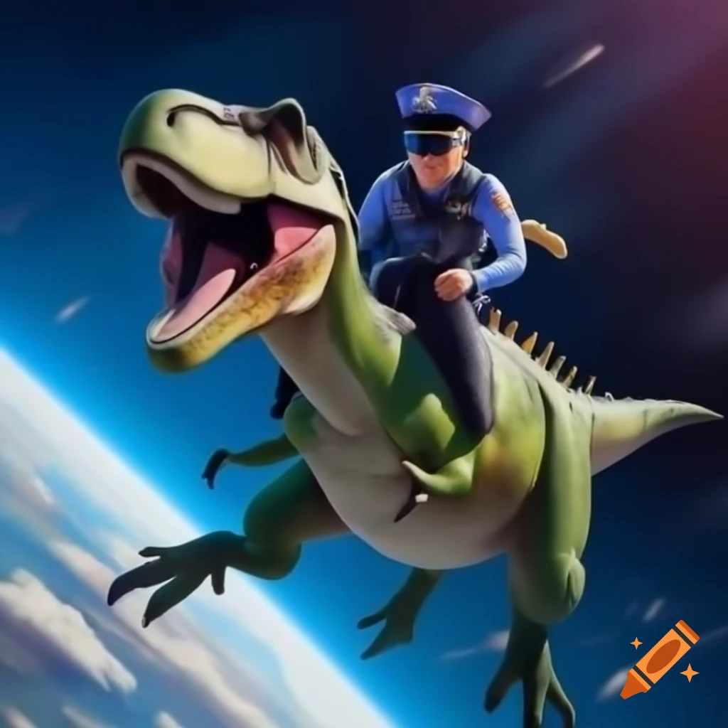T-Rex in police uniform riding a rocket into space