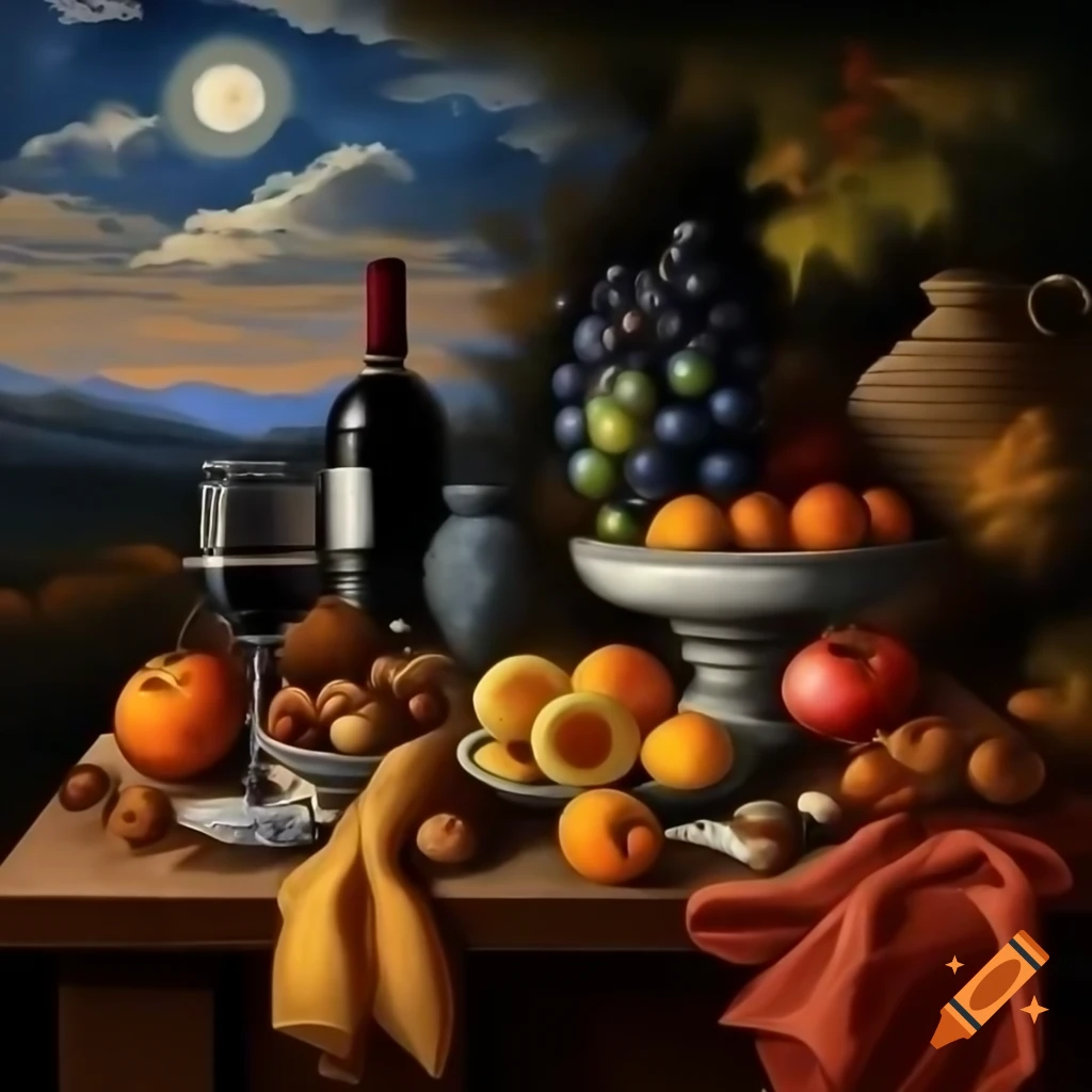 Still life of autumn Tuscan scenery with fruits and wine glasses under full moon, impressionist style