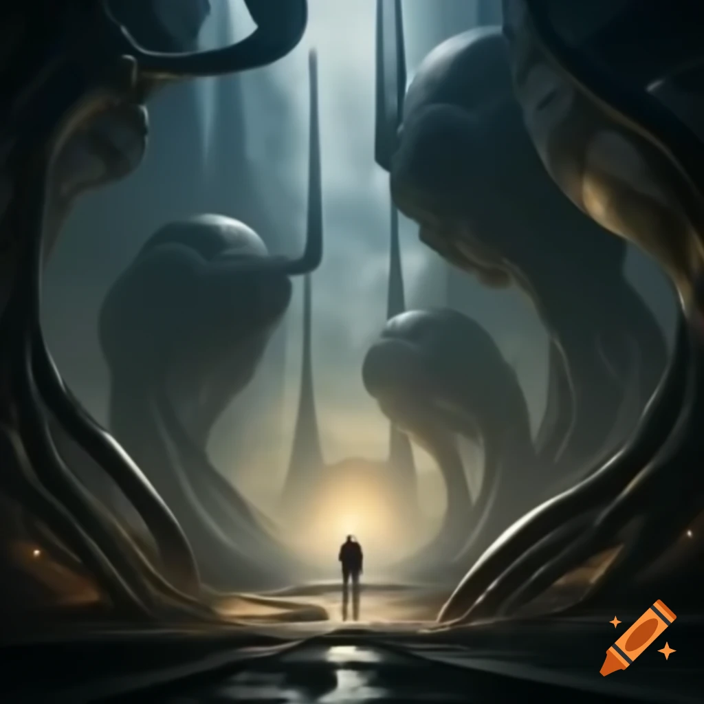 Surreal futuristic landscape with biomechanical structures inspired by H.R. Giger and David Cronenberg