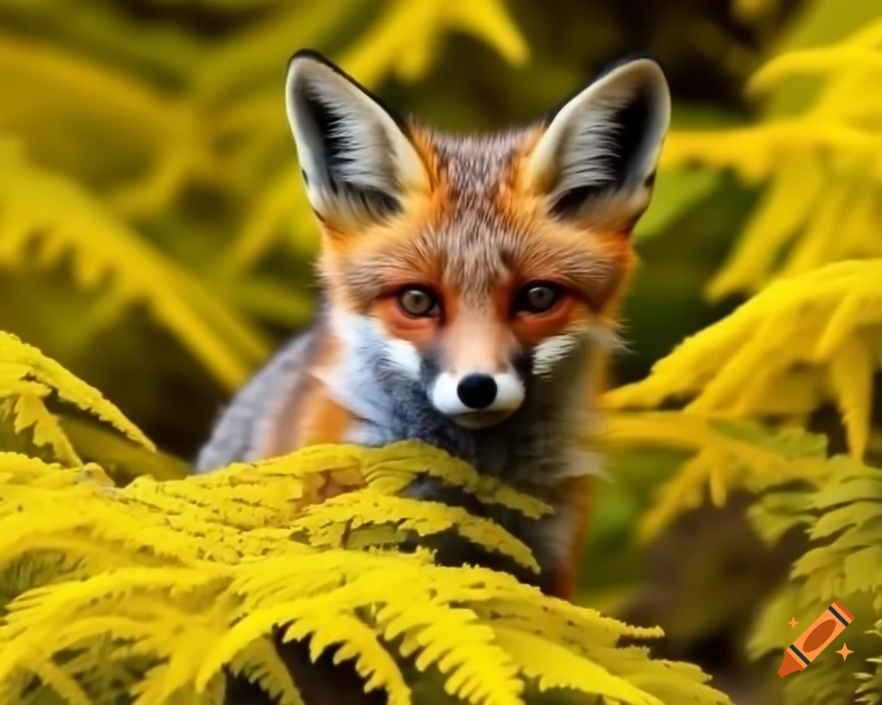 Fox hiding among thick yellow bracken