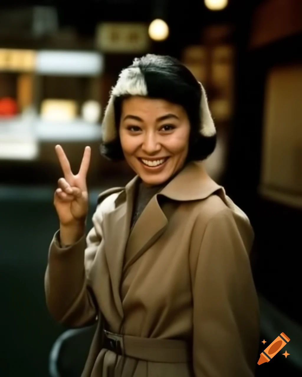Award-winning vintage photograph of Japanese actress with peace sign in retro 1960 style
