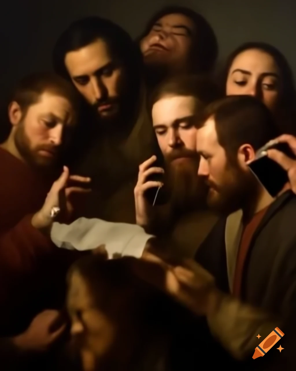 Renaissance painting depicting people going to war over a phone