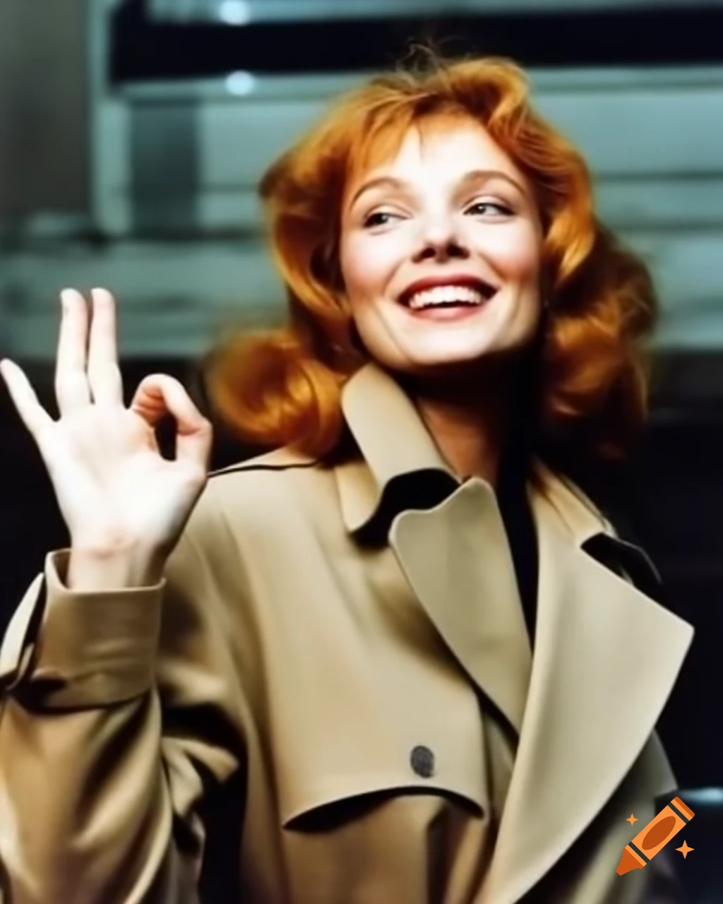 Vintage paparazzi photo of actress Asuka Langley in beige trenchcoat giving peace sign