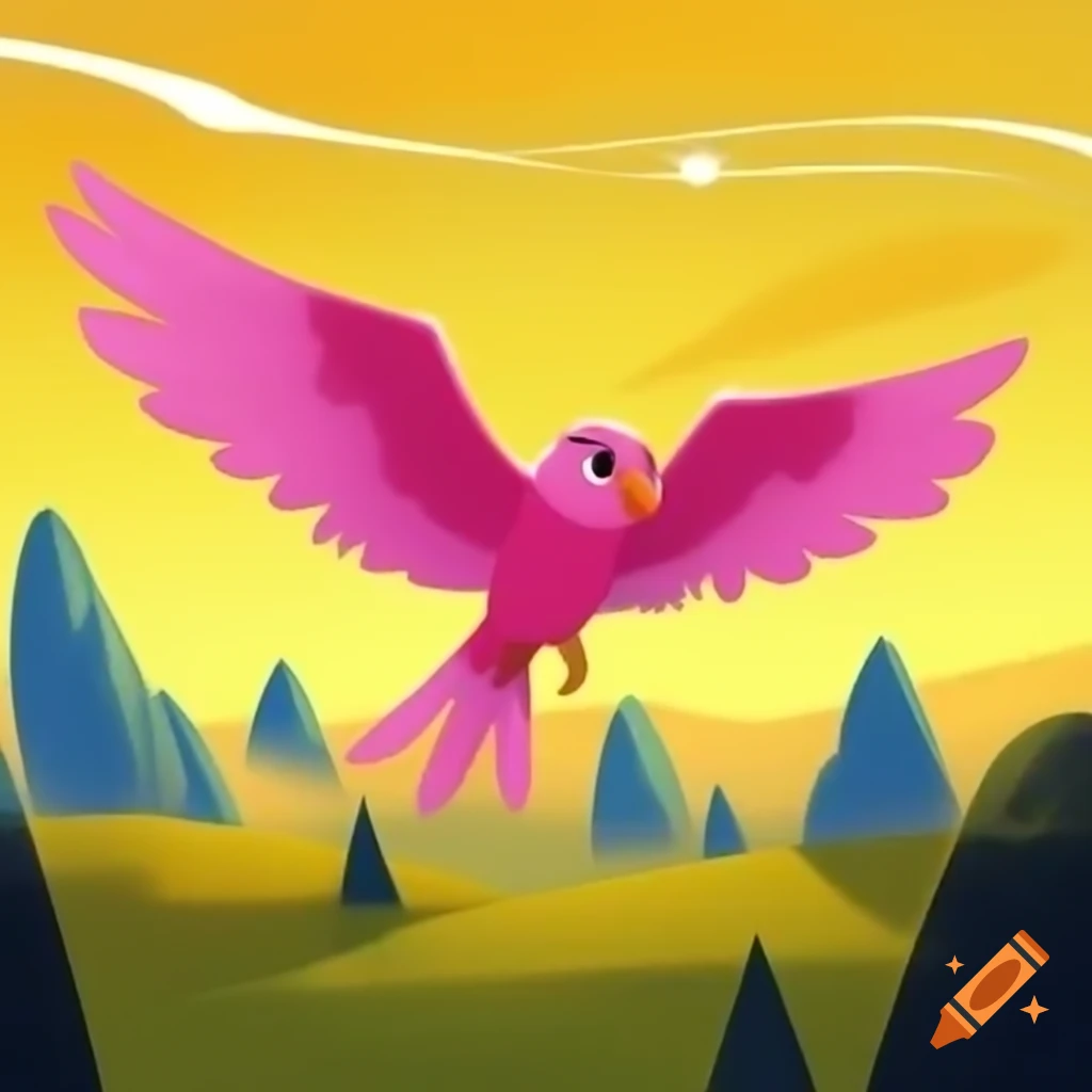 Pink bird flying in yellow sky with mountains in background