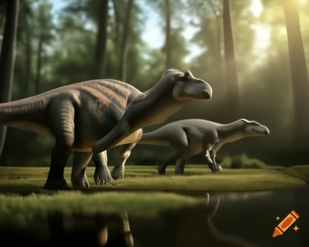 Iguanodon dinosaurs walking along sunny shore of forest pond, backlit