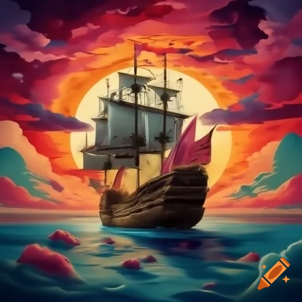 Detailed Spanish Galleon In Surreal Colorful Fluorescent Sunset Scene 