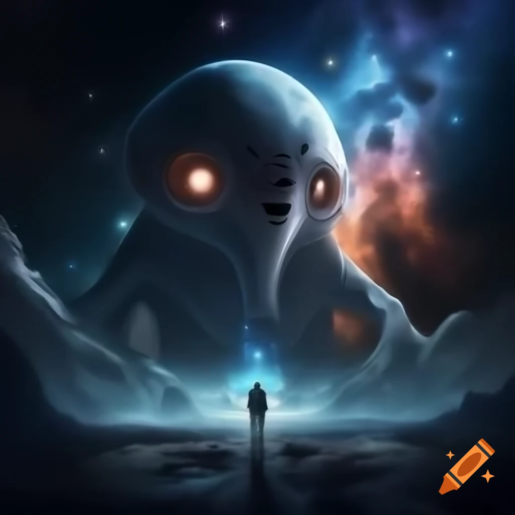 Surreal cosmic amphitheater with A.I. powered dreamweavers fighting Zarkothian aliens