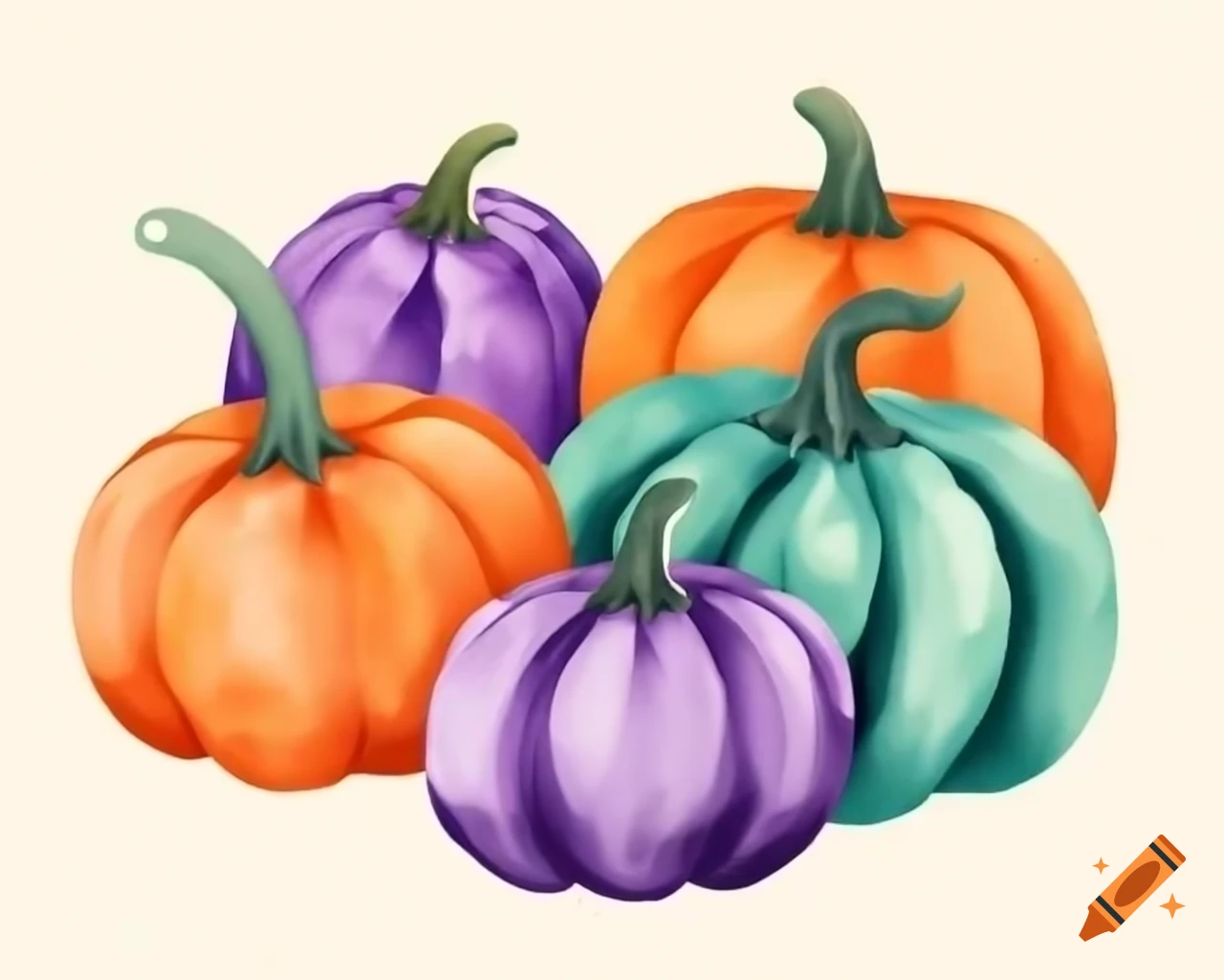 Pumpkins in orange, purple, and teal in storybook style