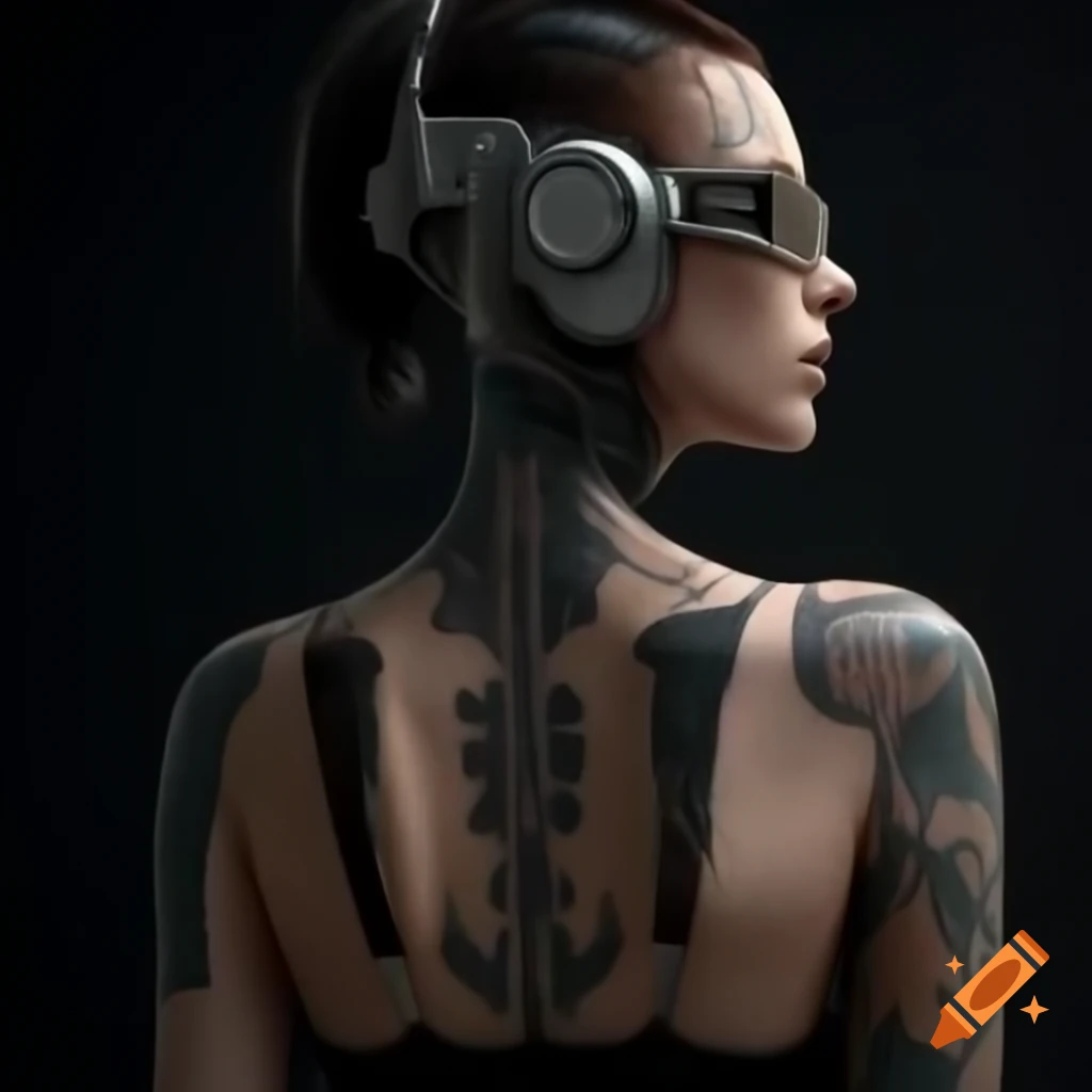 Futuristic woman in cyberpunk style with vintage tattoo art