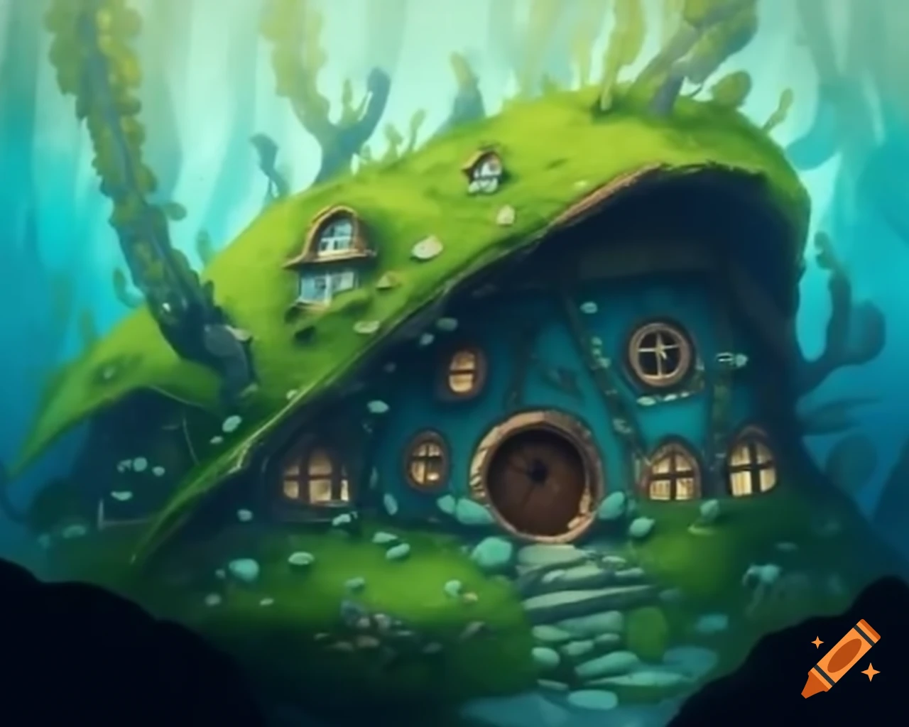 Mossy hobbit house decorated with seaweed and marine vegetation in underwater photography