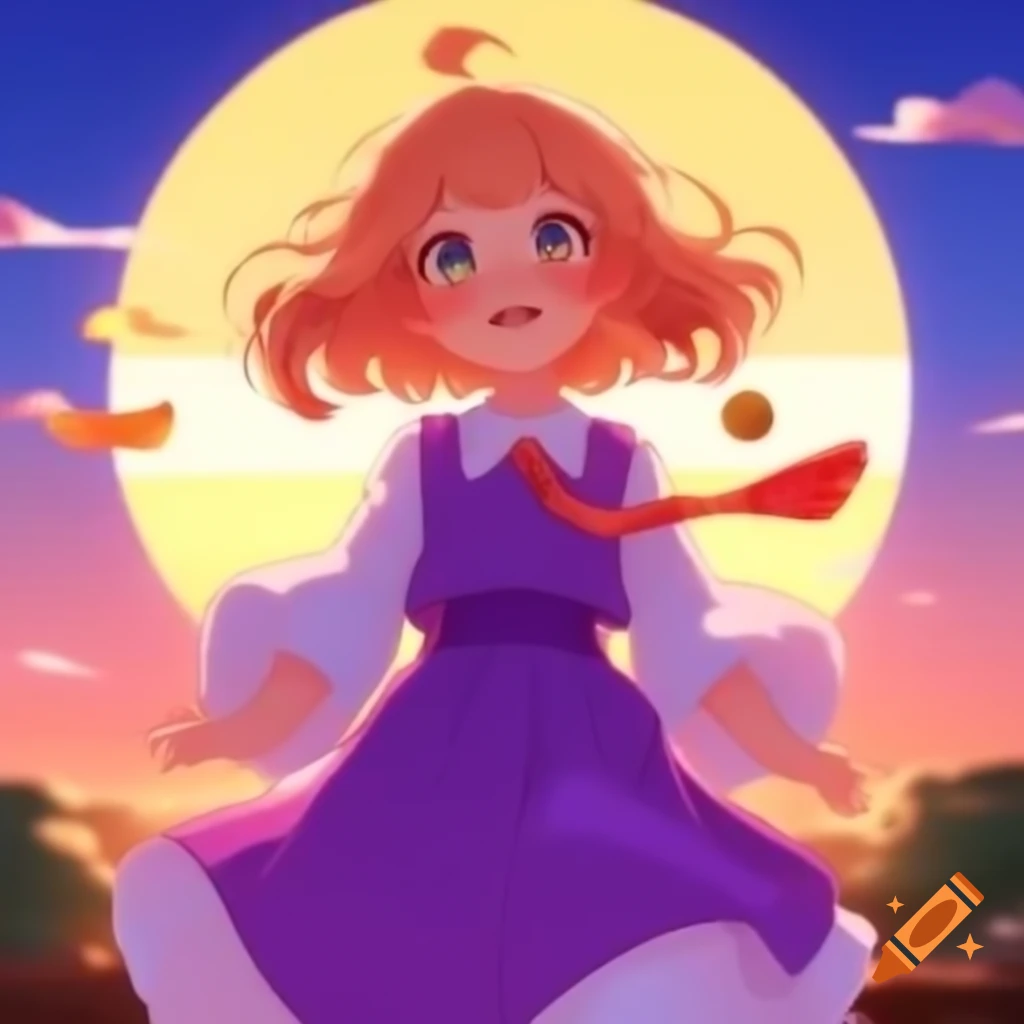 Anime girl in purple dress with peach hair floating to setting sun