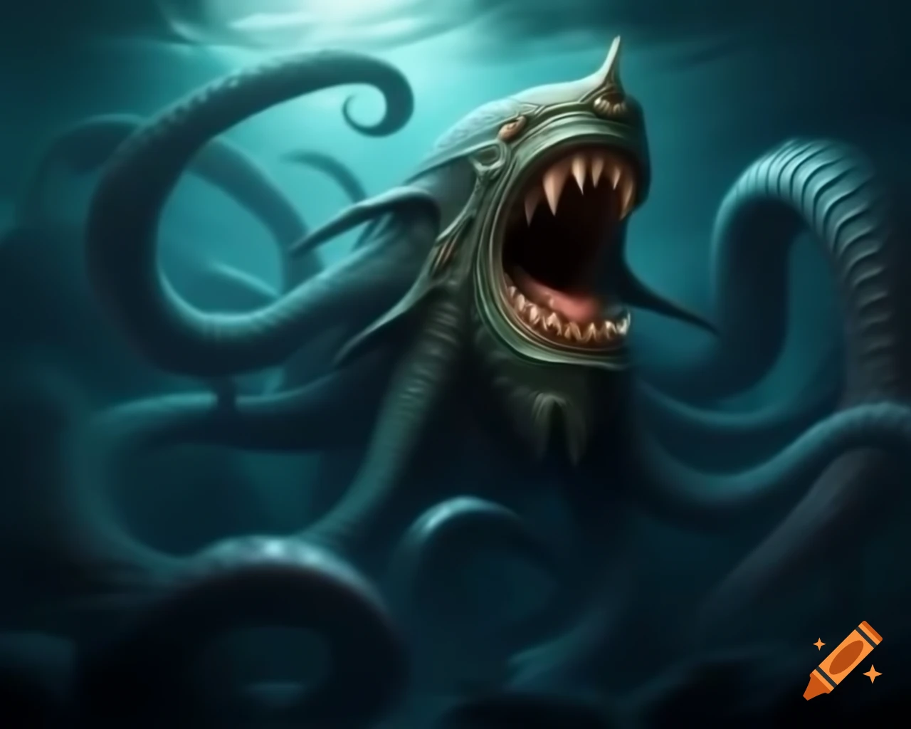 A large green sea serpent emerges from a swirling whirlpool during a