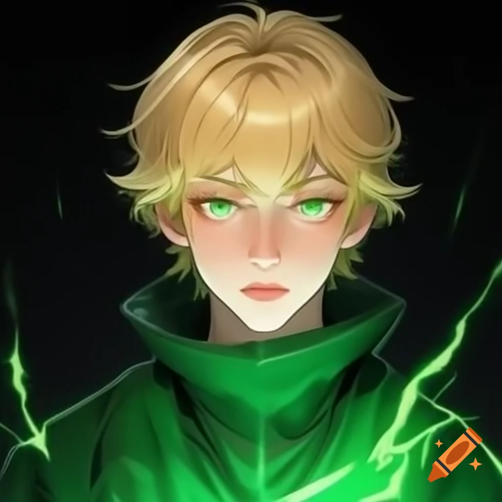 Manga style young man with blonde hair in green ninja robes using light powers