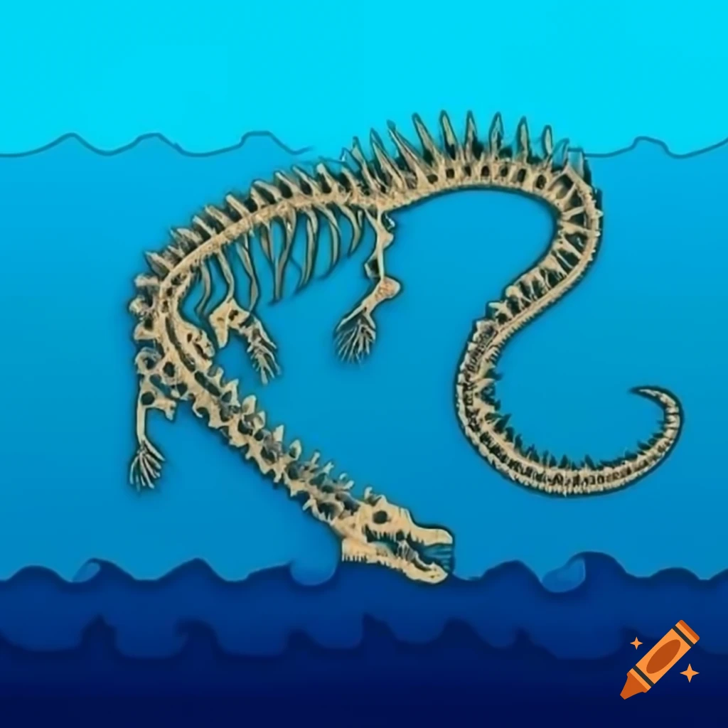 Massive dragon skeleton submerged in ocean with spinal cord visible