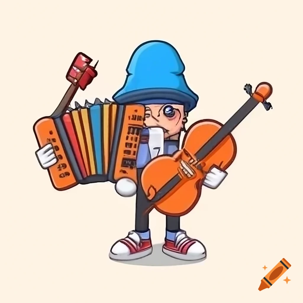 Accordion wearing a blue hat smashing a fiddle