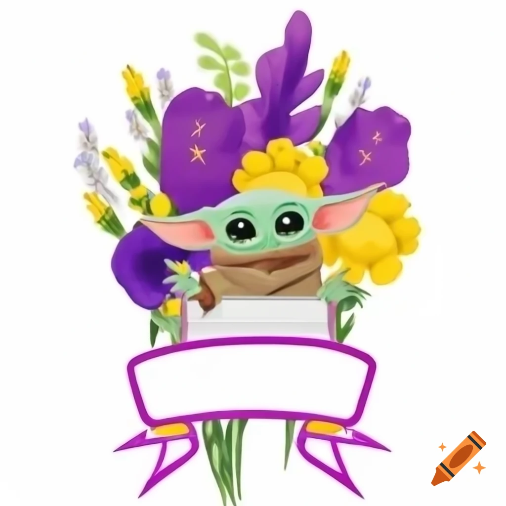 Purple and yellow bouquet with happy birthday grandma banner and baby