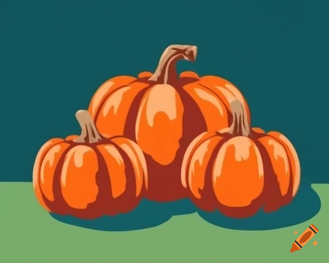 Bronze orange and teal pumpkins in storybook style