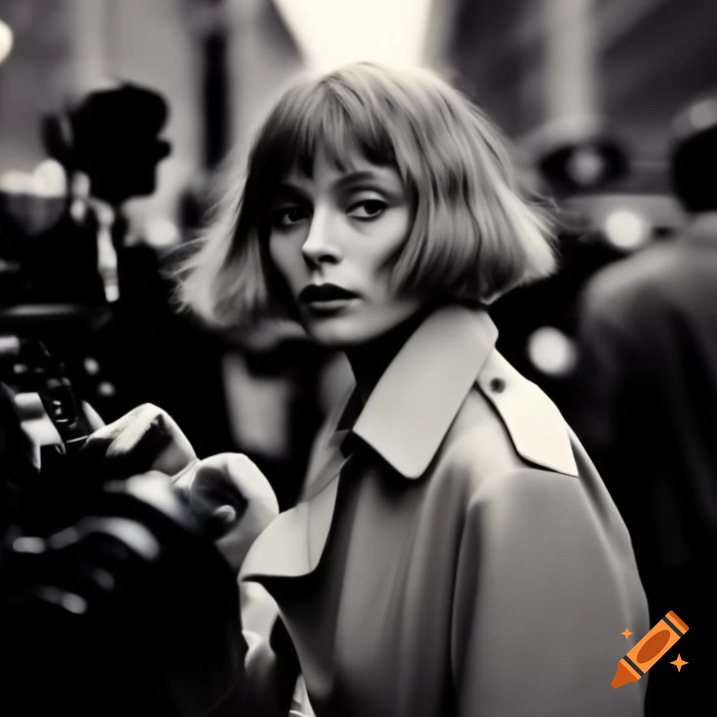 Vintage paparazzi photo of female time traveler in trenchcoat with layered bob hairstyle