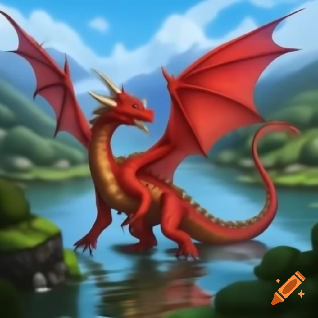 Red dragon by lake surrounded by hills