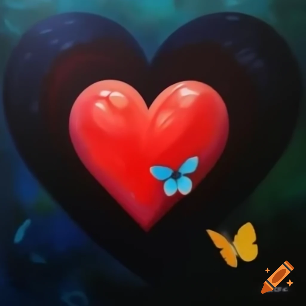 Watercolor painting of red heart shape and butterfly on dark background