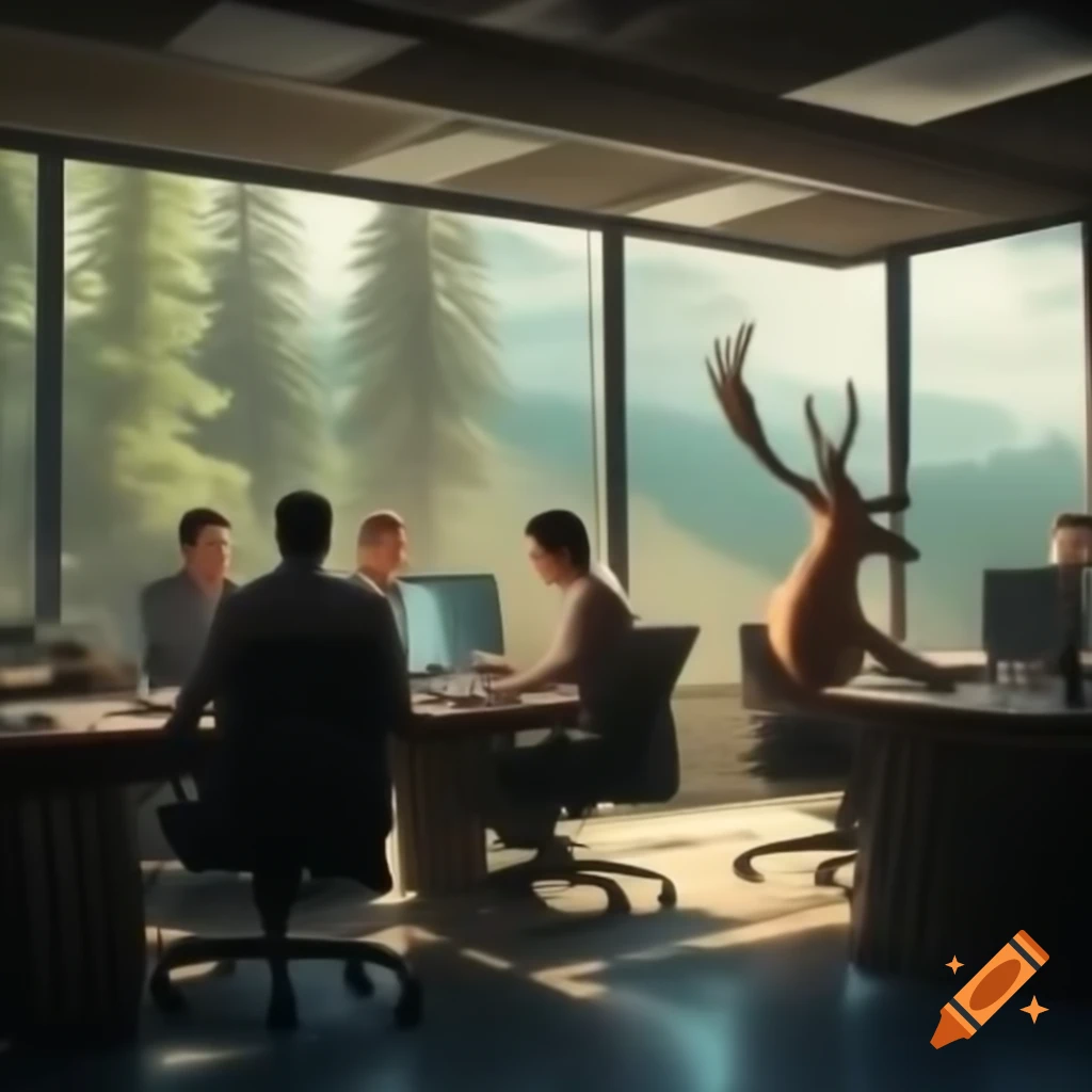 People coworking in an office with forest view and elk outside the window