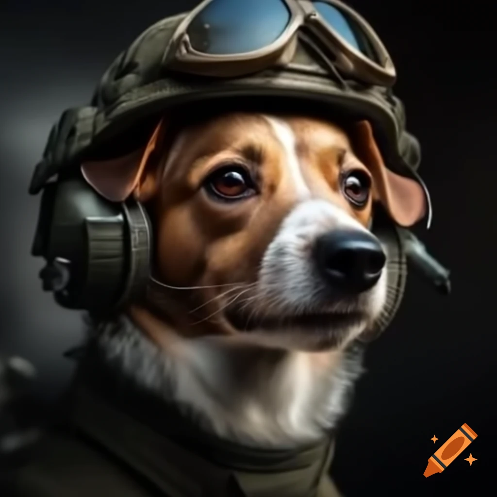 Jack Russell Terrier wearing tactical gear including helmet and night vision