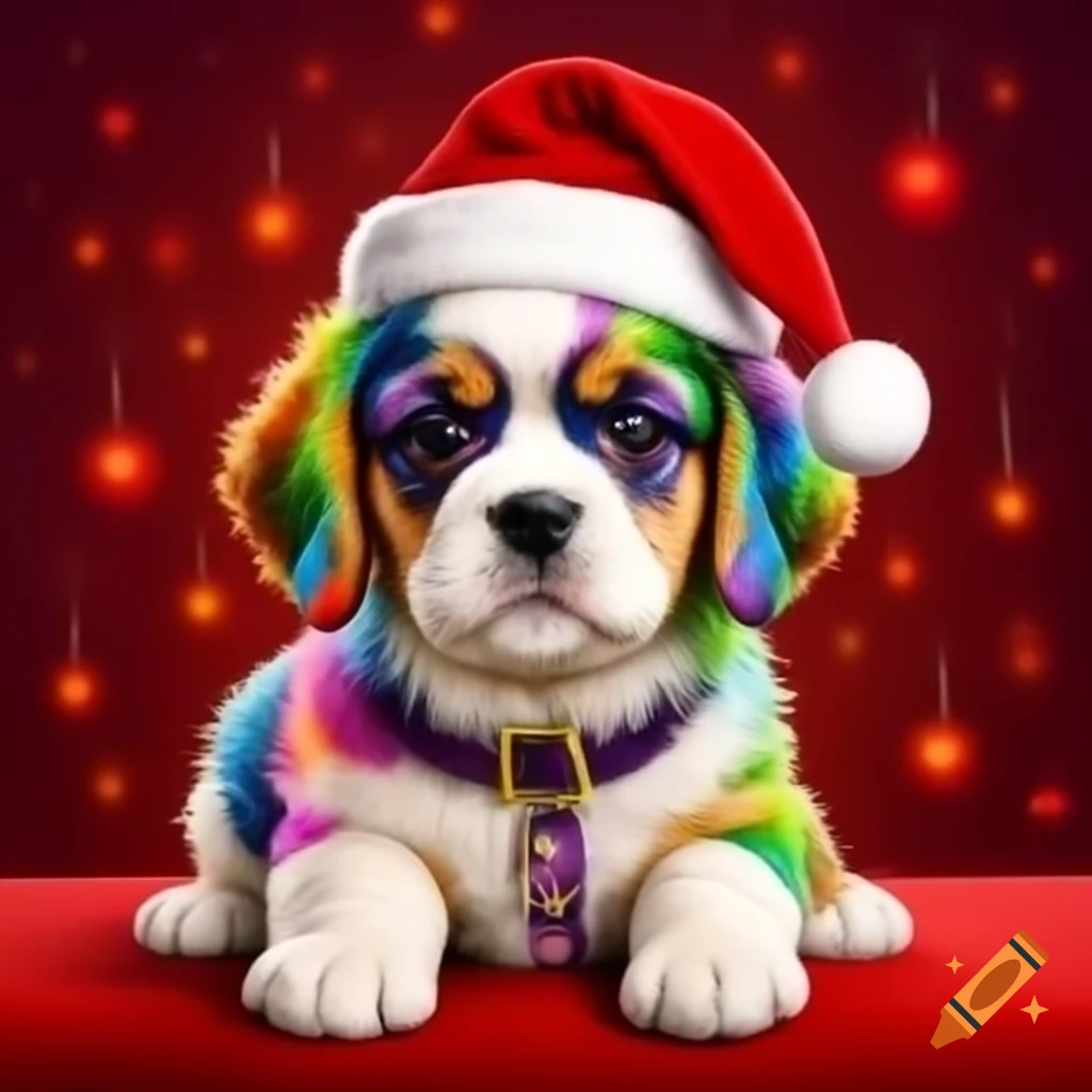 Colorful Santa-themed puppy with rainbow elements