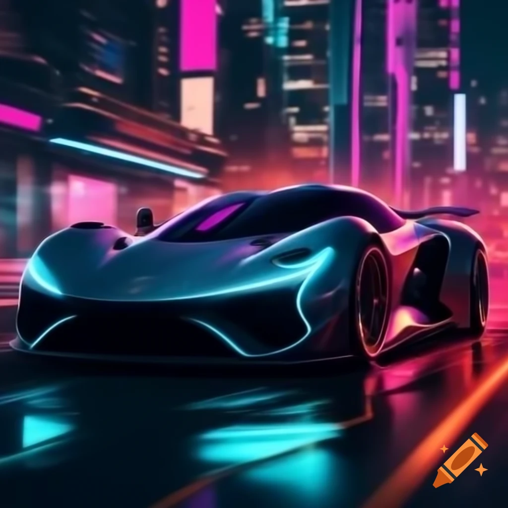 Futuristic sports car with neon lights in vibrant night cityscape