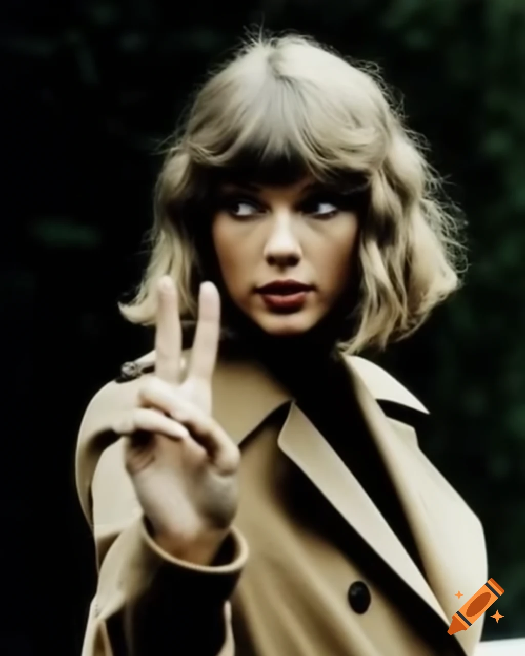 Vintage paparazzi photo of actress resembling Taylor Swift making peace sign in 1960s street